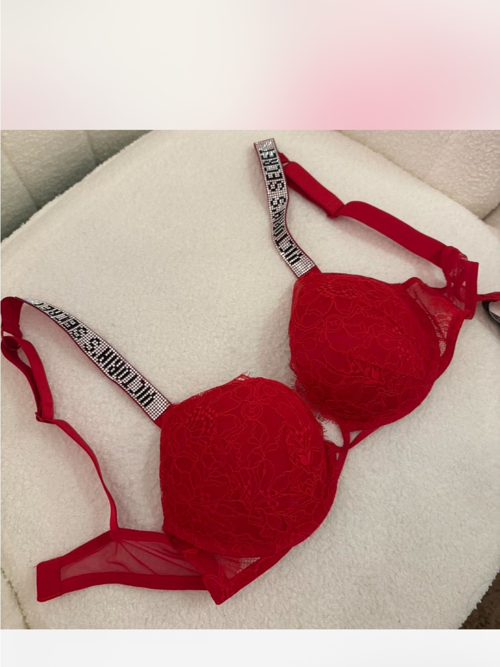 Victoria's Secret Red Lace Push-Up Bra with Rhinestone Logo Straps